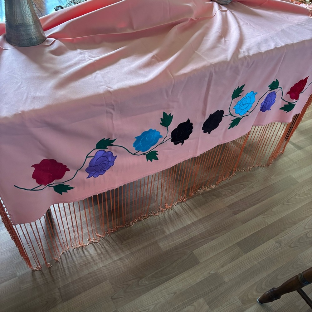Floral Embroidered Tablecloth with Fringe